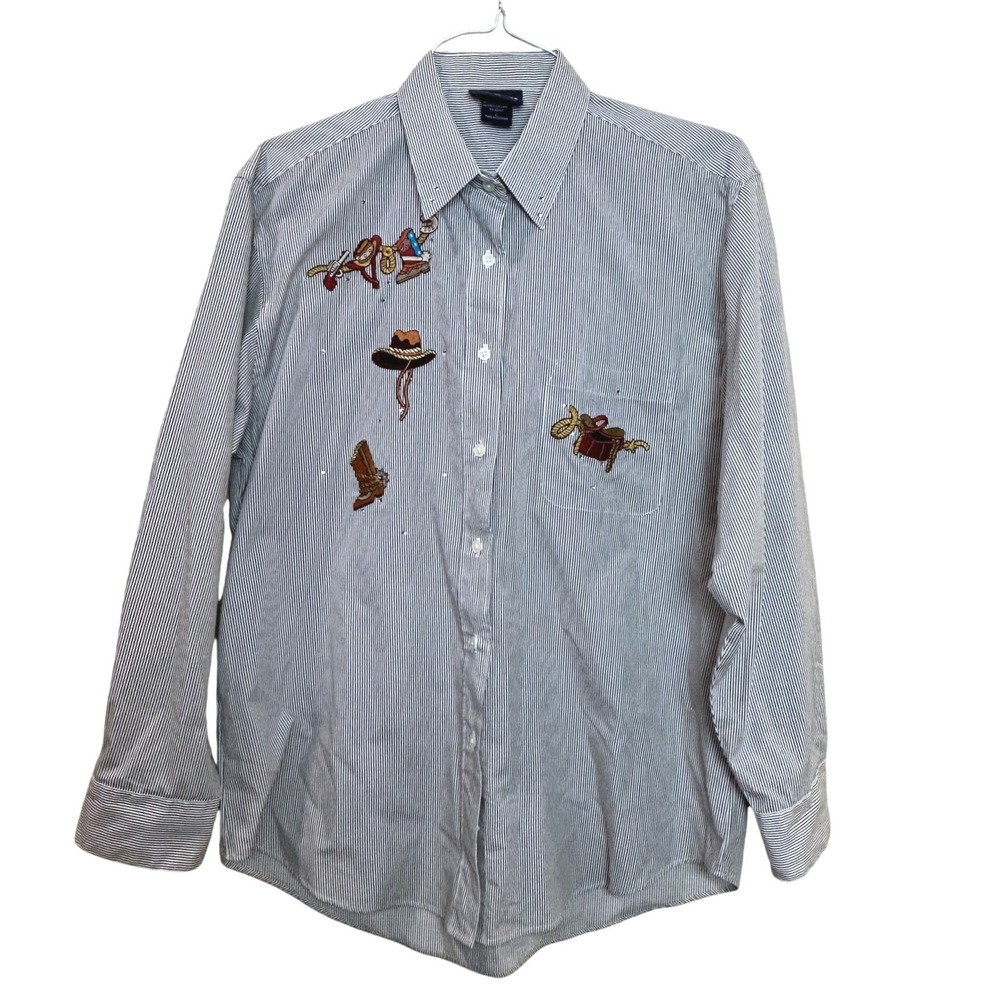 Las Olas Button Down Shirt Womens Large Blue White Pinstripe Western Embroidered